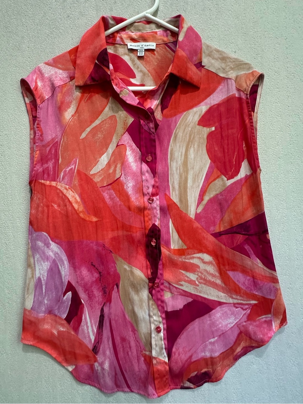 Maison d'Amelie Vibrant Floral Sleeveless Button-Down Blouse Top Pink Red Sz XS